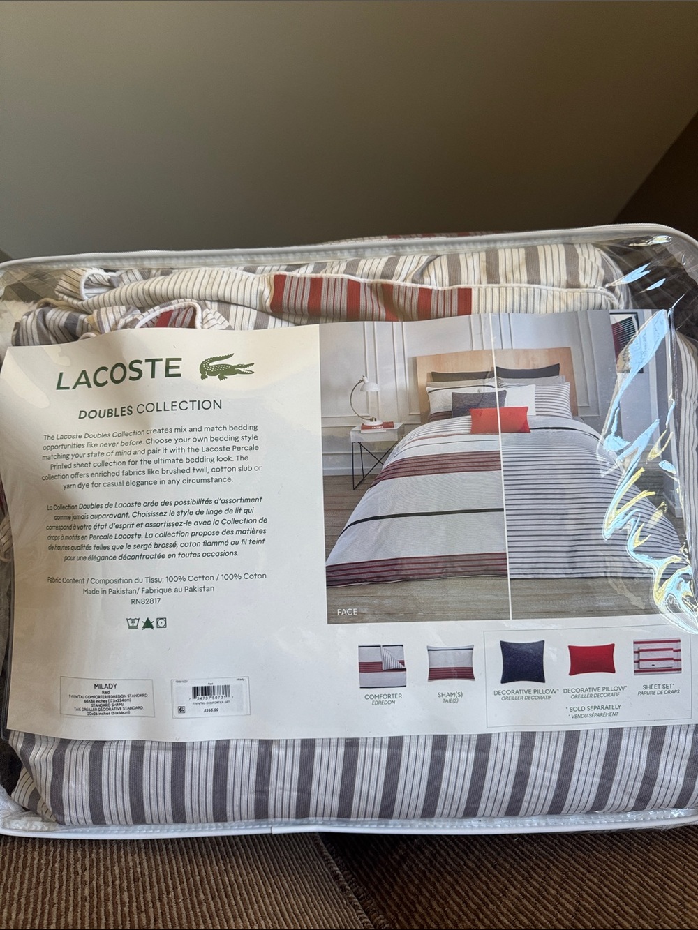 Lacoste Striped Cotton Comforter Set in Gray and Red